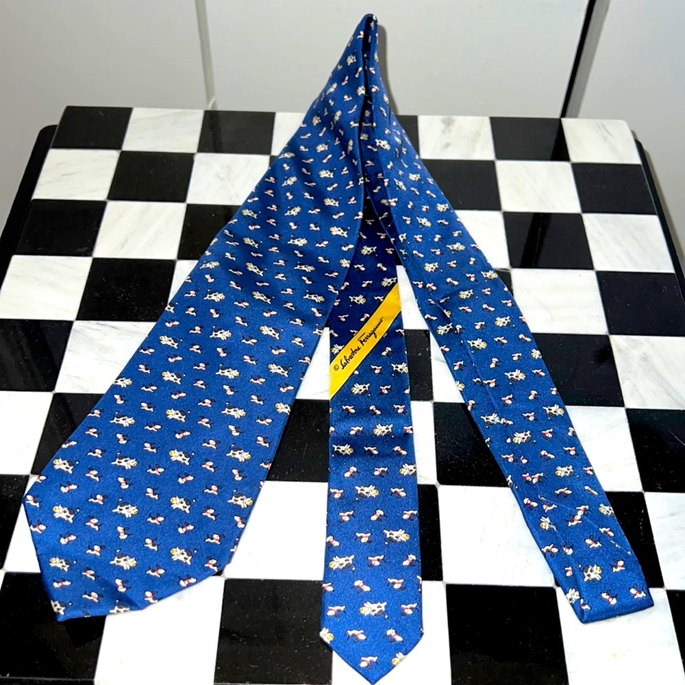 Salvatore Ferragamo Men’s 100% Silk Blue Leaping Cows and Dogs Necktie